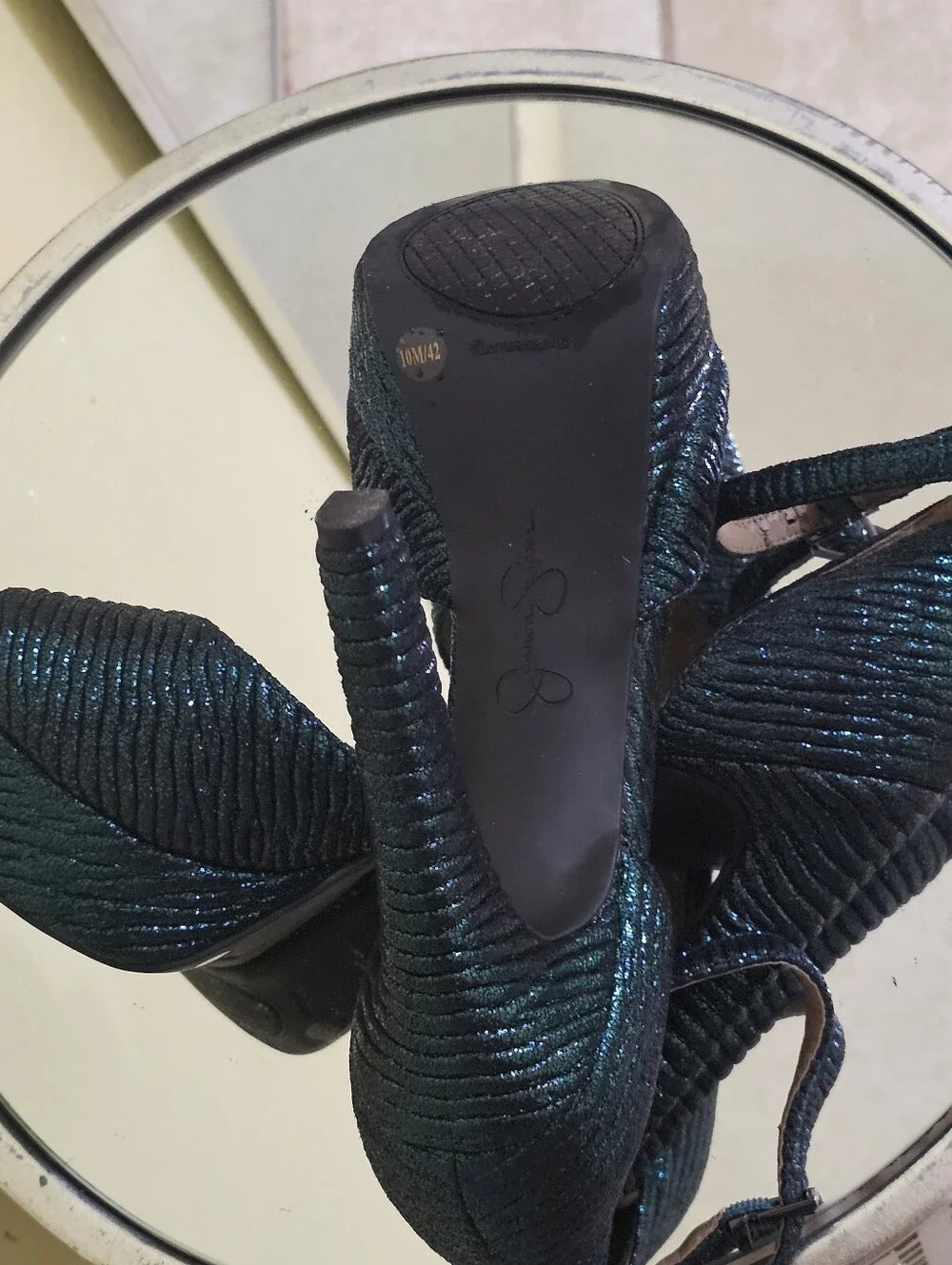Jessica Simpson Iridescent Dark Green Open-Toe Ankle Strap Heels